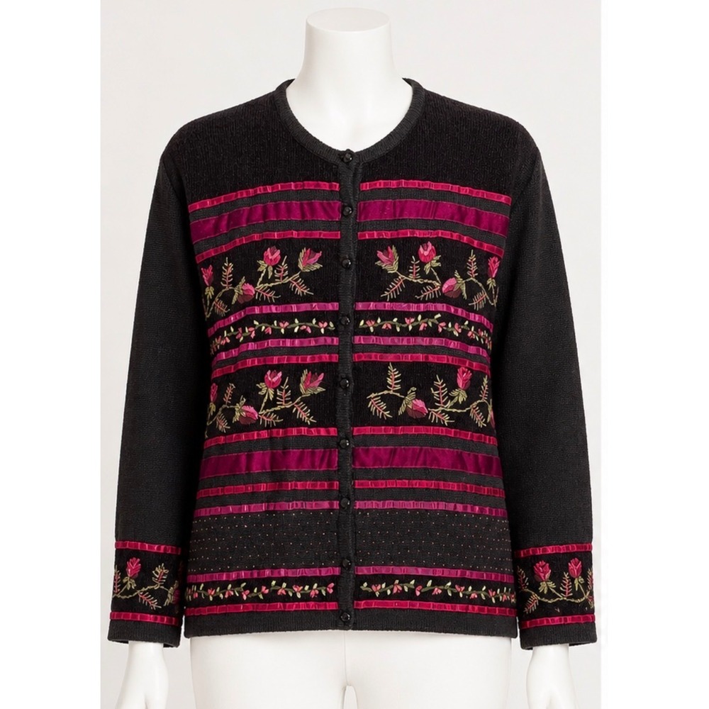 Susan Bristol Cardigan Womens XL Black Pink Vintage Embroidered Velvet Beaded